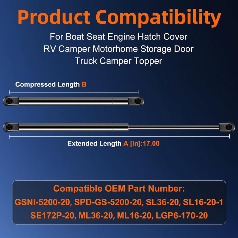 Euplokeer Qty (2) SL36-20-1 GSNI-5200-20 17in Gas Strut for Boat Seat Engine Hatch Cover, C16-15645 ML36-20 LGP6-170-20 Shock Lift Support for Truck Camper Shell Topper RV Motorhome Storage Door - Image 2